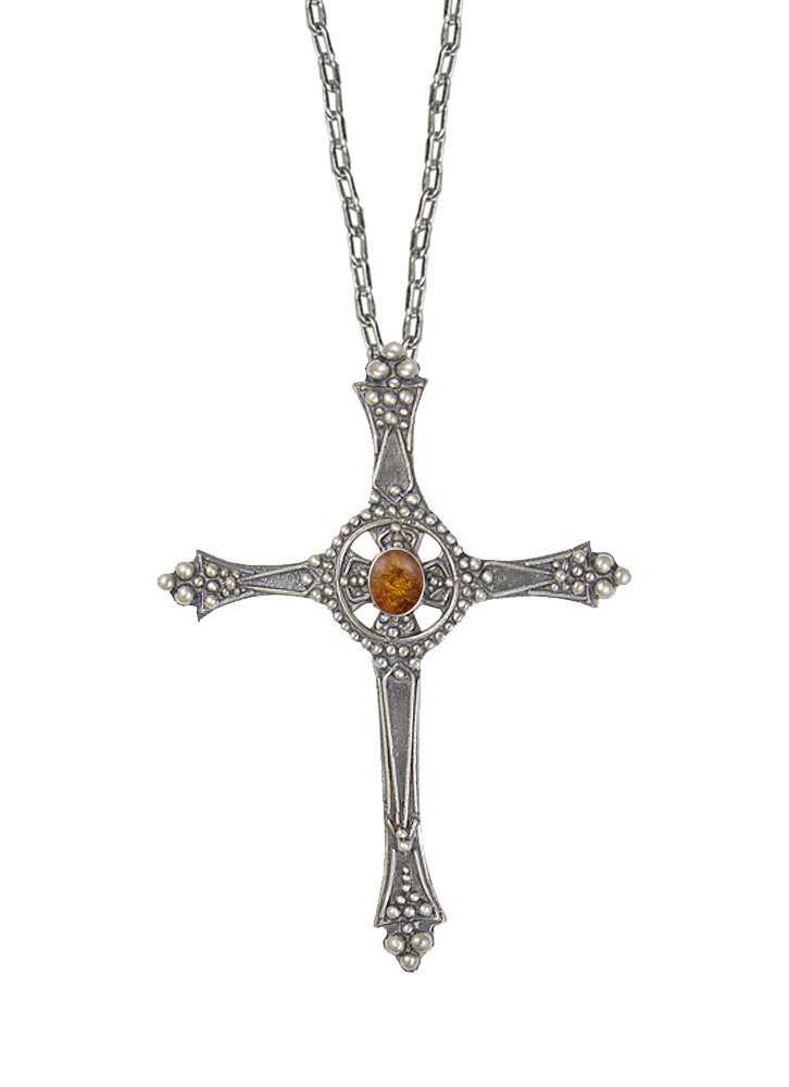 Sterling Silver Baroque Cross Pendant With Amber